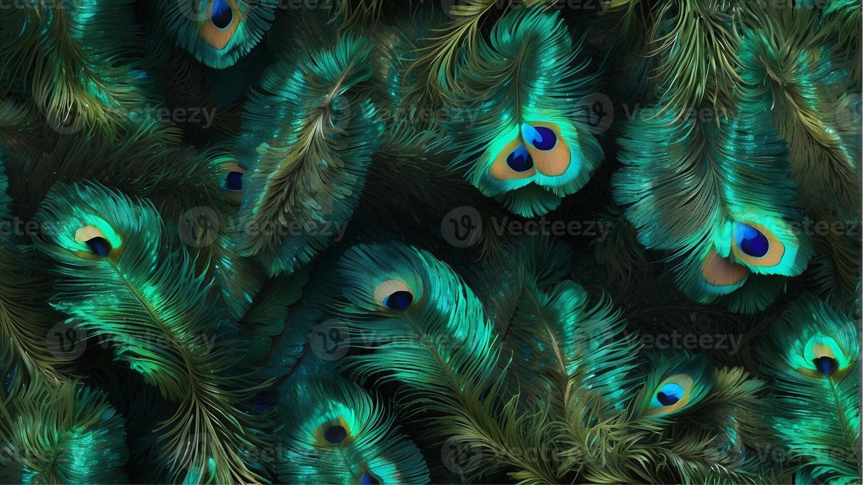 ai généré magnifique et coloré paon oiseau plumes fermer, magnifique brillant vert paon plumes sans couture modèle fond d'écran photo