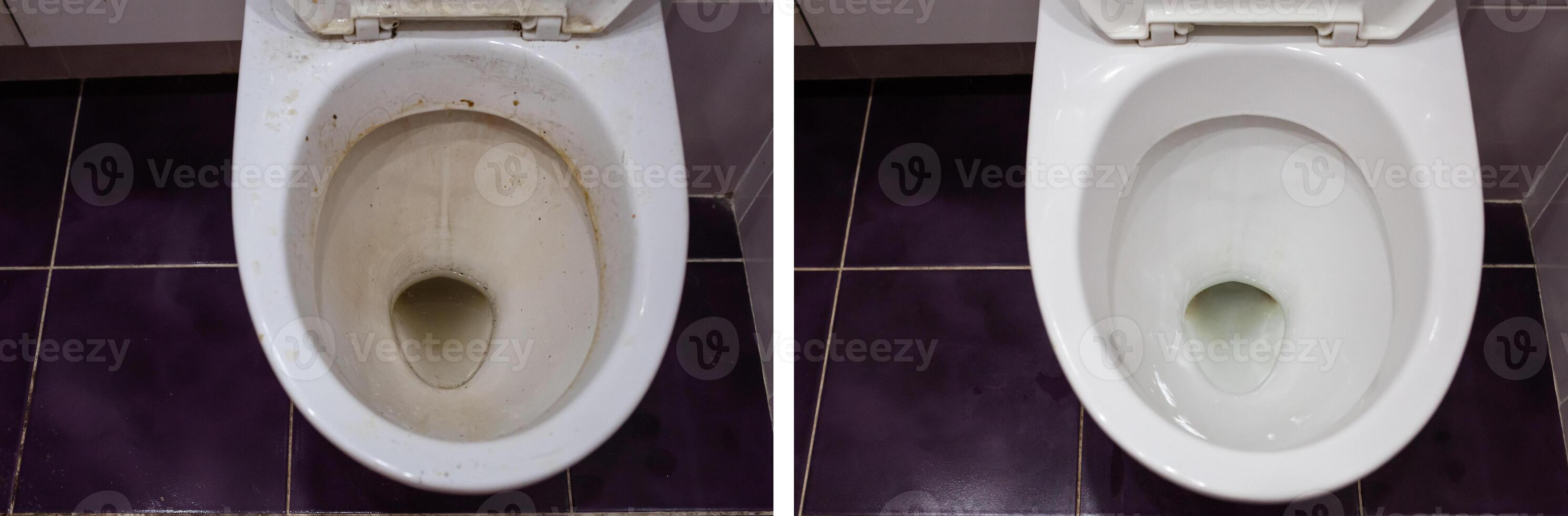 collage. nettoyer et sale toilette dans le salle de bains photo