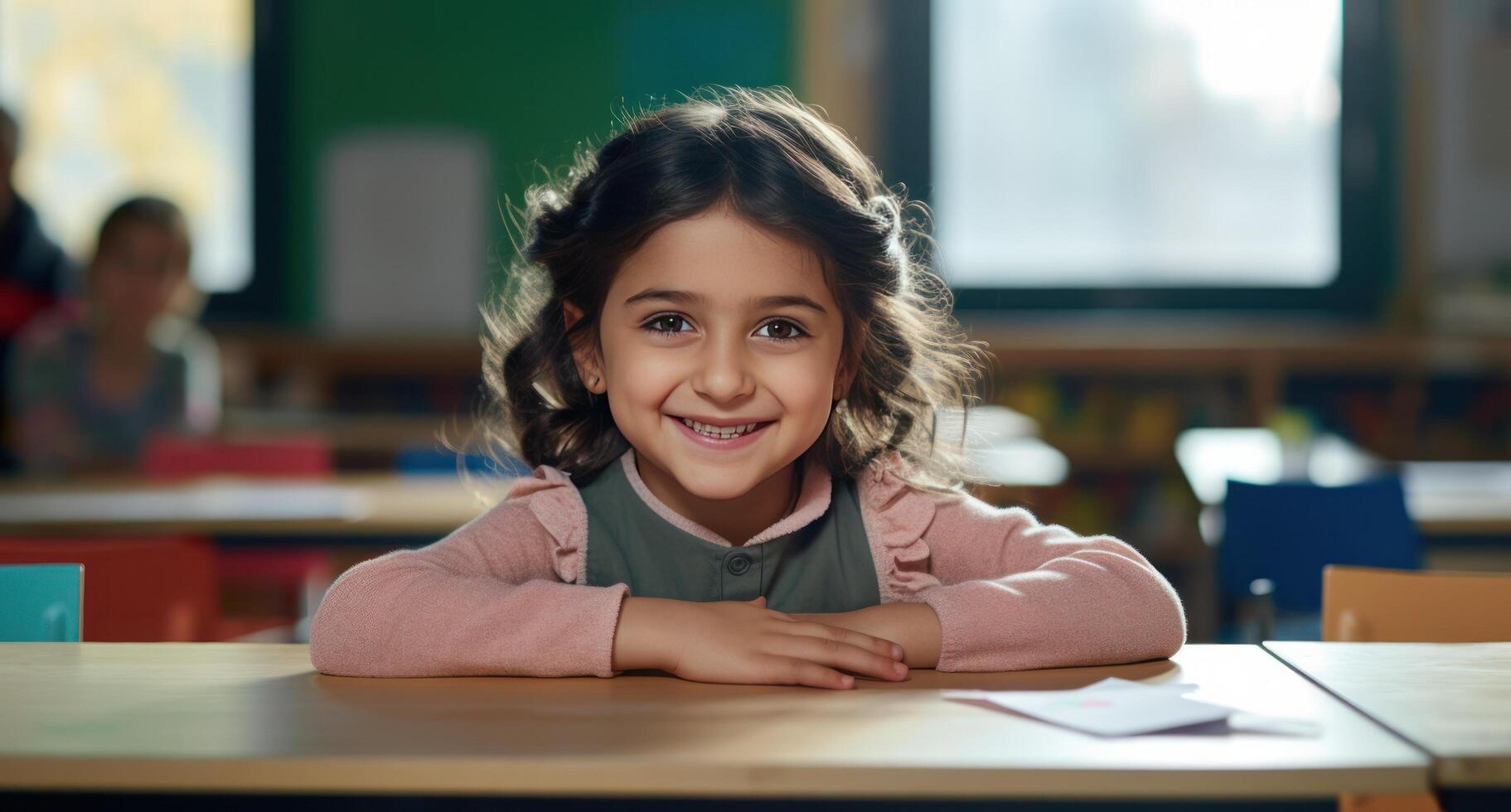 ai généré une peu fille séance à une bureau et souriant photo