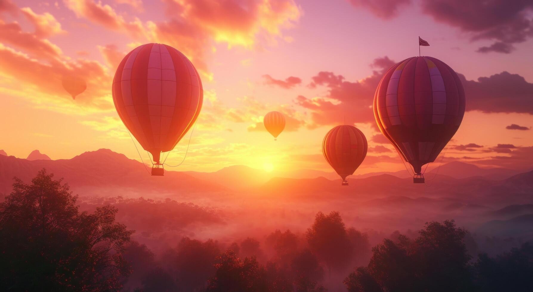 ai généré chaud air des ballons en volant au dessus haute collines, plateau, lever du soleil ballon photo