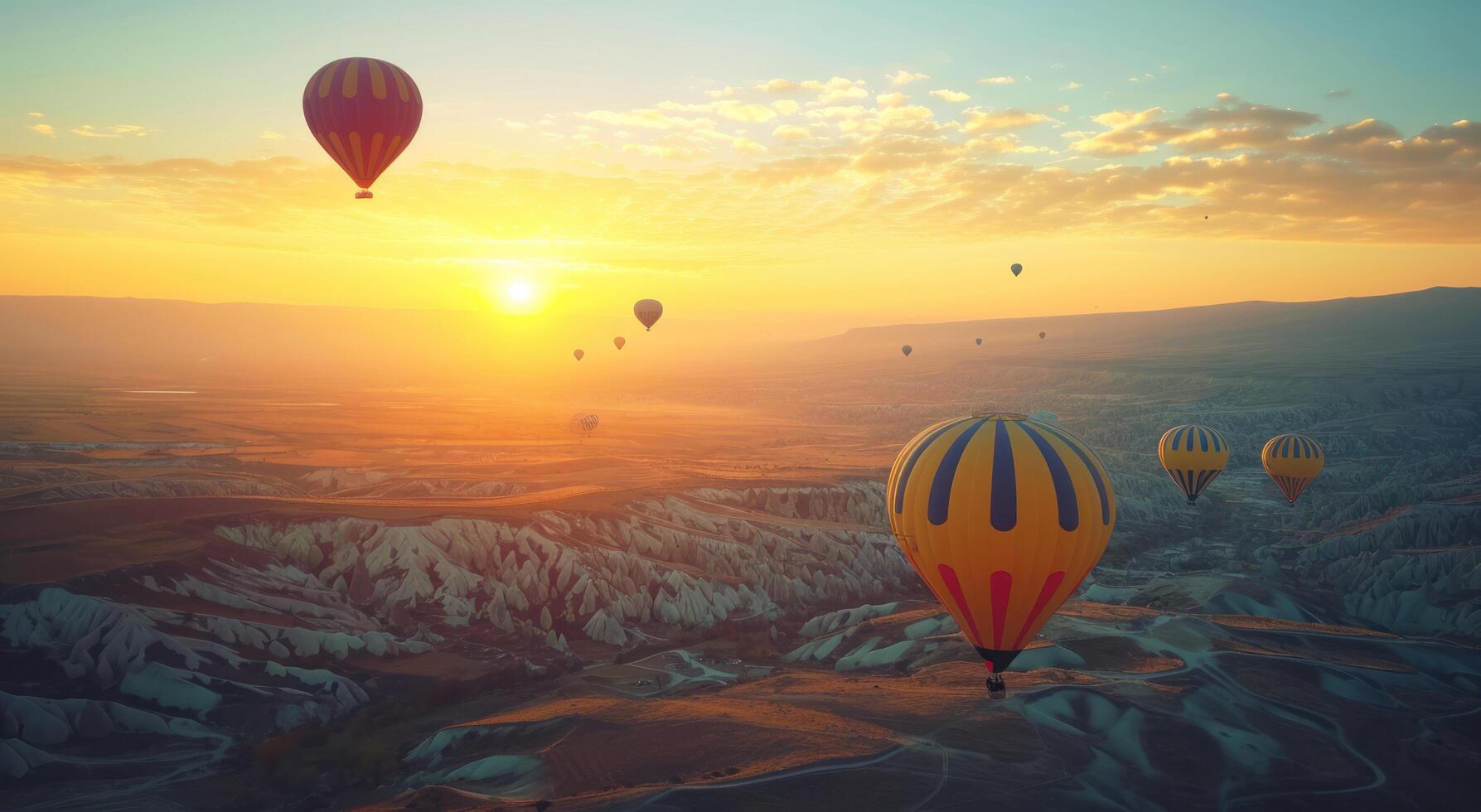 ai généré chaud air des ballons en volant au dessus haute collines, plateau, lever du soleil ballon photo