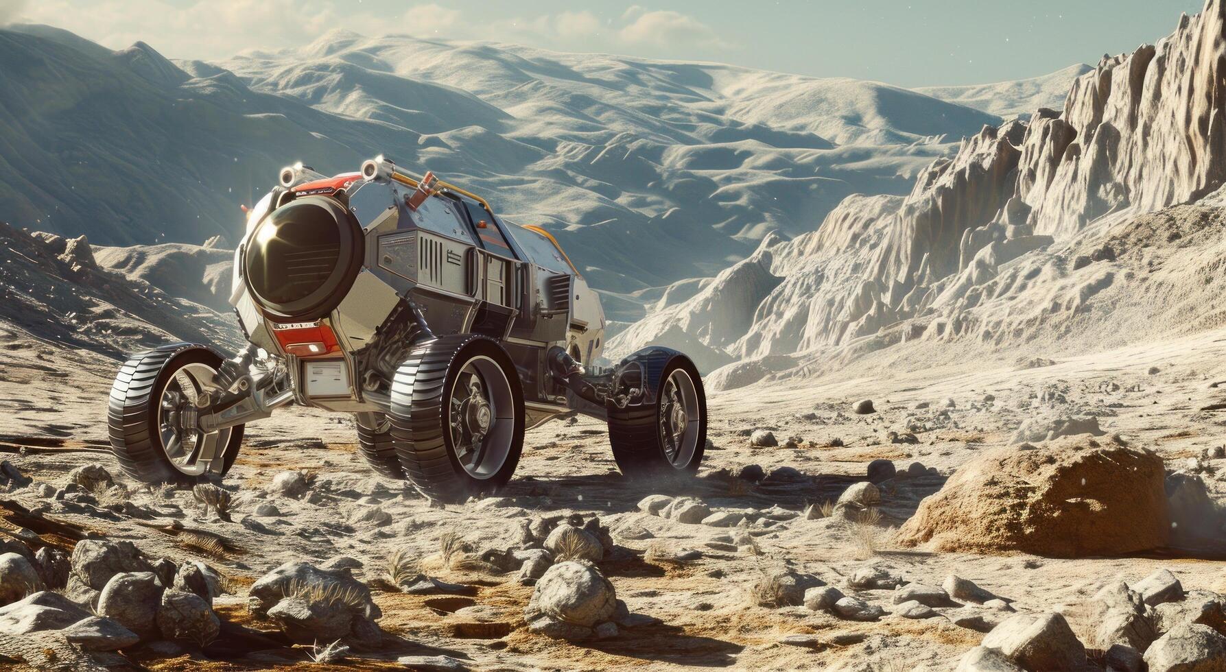 ai généré une moderne, robotique vaisseau spatial est sur le lune avec c'est roues de photo