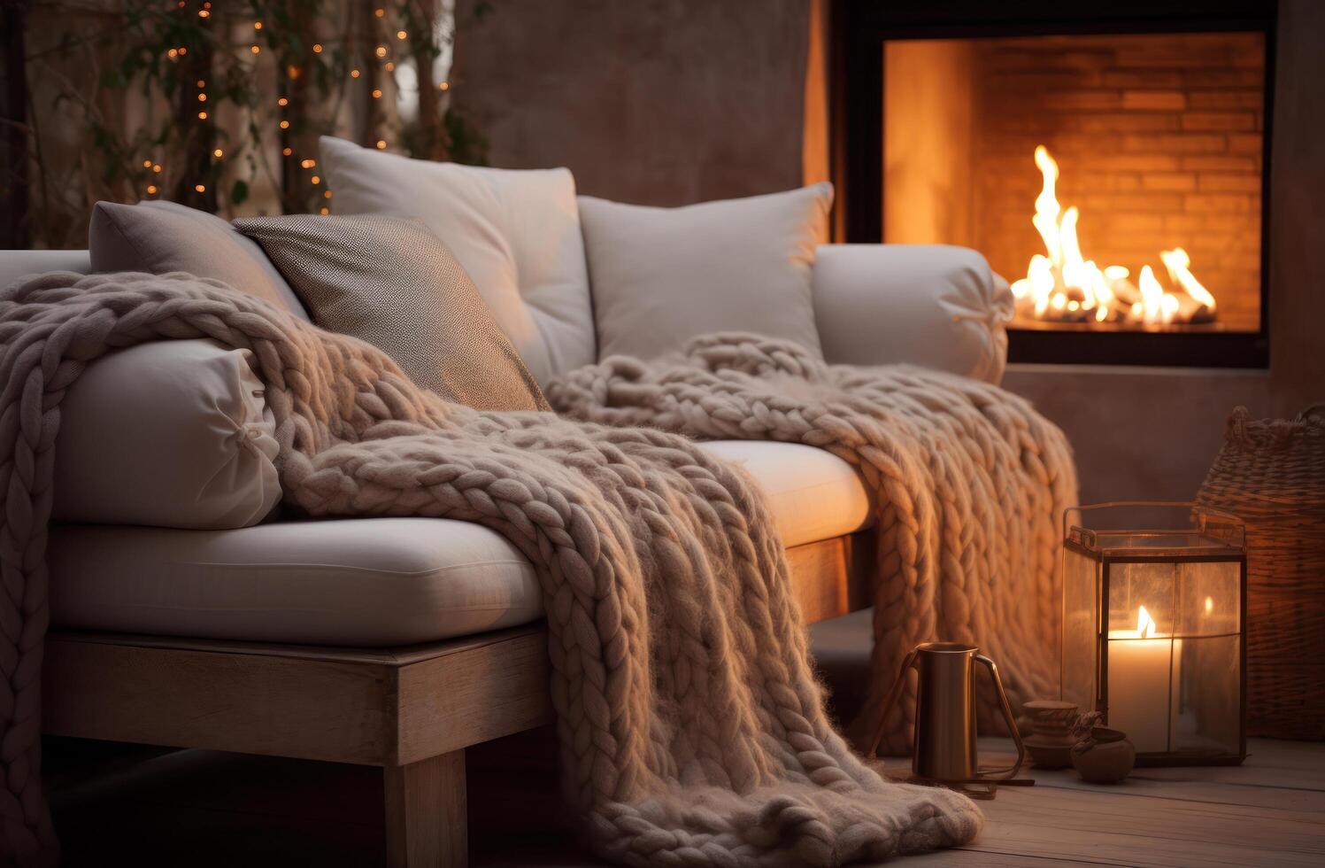 ai généré une canapé avec tricoté couvertures séance suivant à une cheminée avec bougies photo
