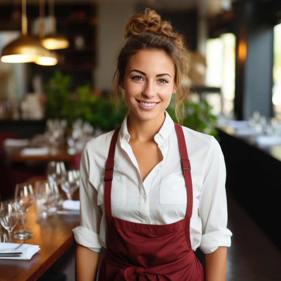 ai généré une serveuse permanent dans une restaurant avec une assiette de nourriture photo