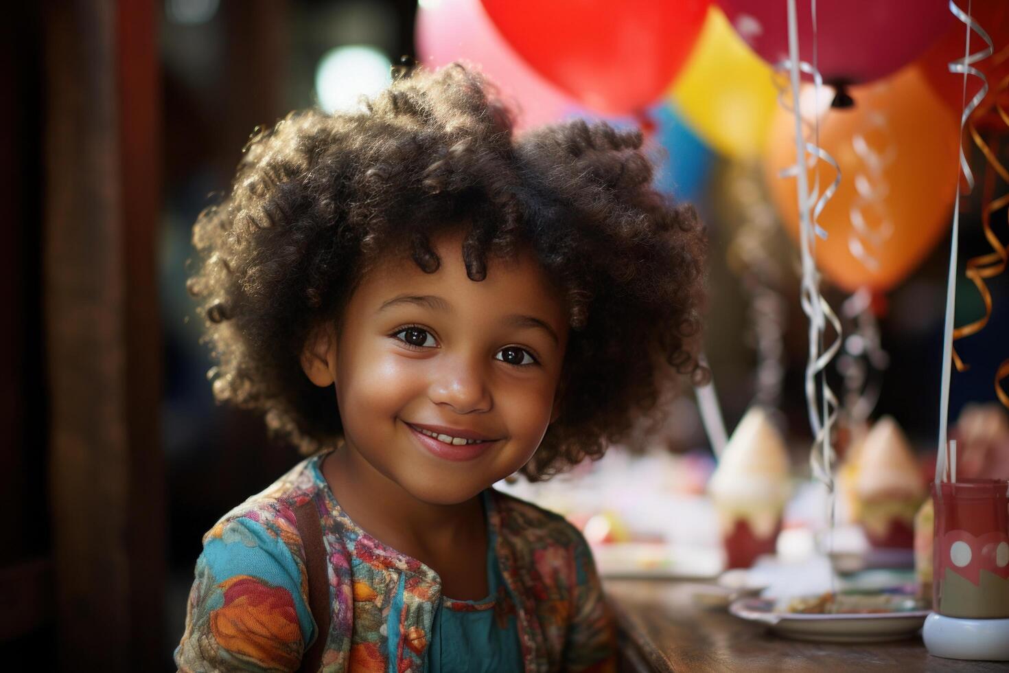 ai généré un afro américain fille est souriant à une table avec anniversaire des ballons photo