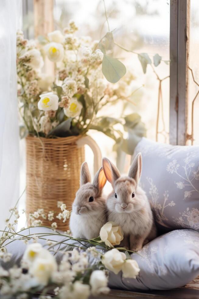 ai généré sur le thème du lapin jeter oreillers et doux pastel jette photo