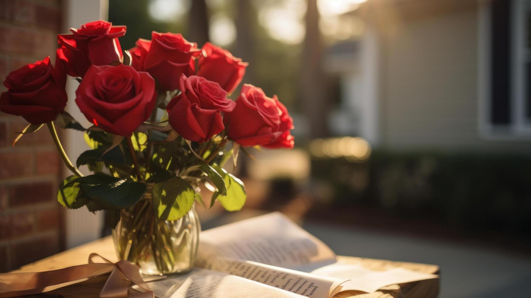 ai généré rouge Rose bouquet, sincère devis, et doux ambiant lumière. photo