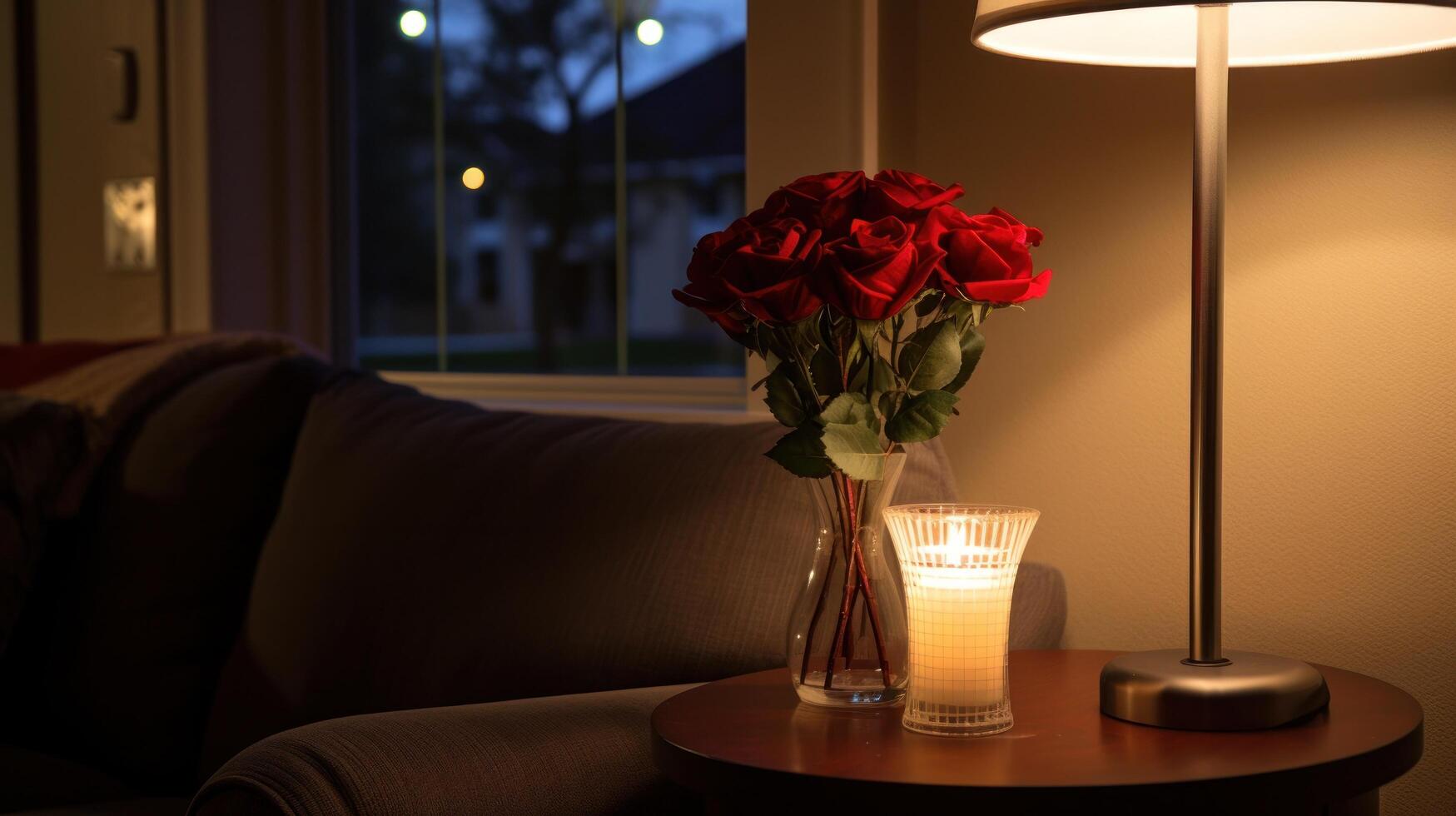 ai généré rouge Rose bouquet, sincère devis, et doux ambiant lumière. photo