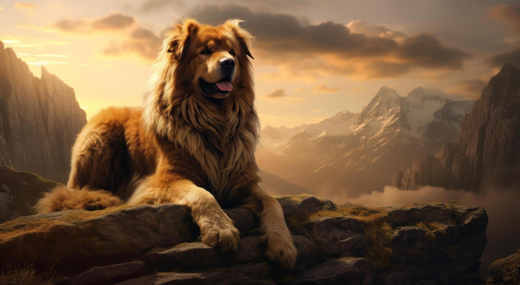 ai généré une chien est séance sur une rochers tandis que pose sur une Montagne photo