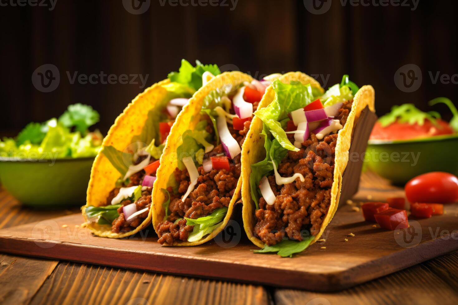 ai généré traditionnel mexicain tacos avec Viande et des légumes génératif ai photo