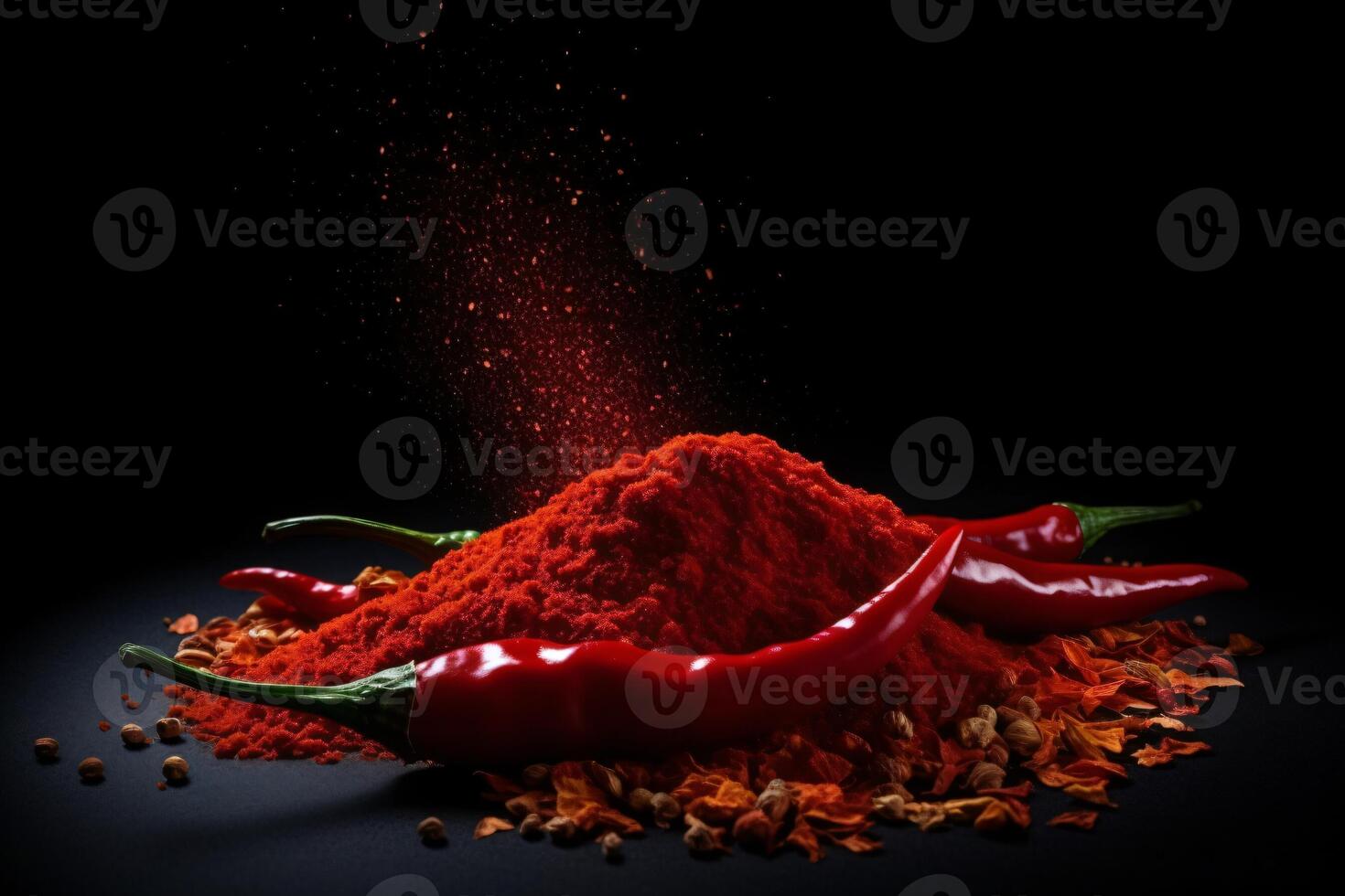 ai généré lévitation de rouge le Chili poivre entier et tranches génératif ai photo