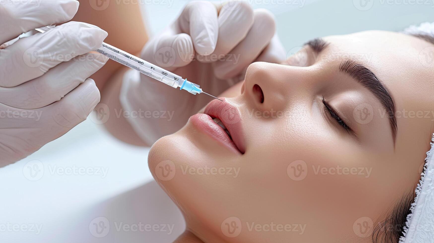 ai généré génératif ai, beauté injections, visage contour correction dans cosmétologie, Jeune femme obtient beauté faciale injections dans salon photo