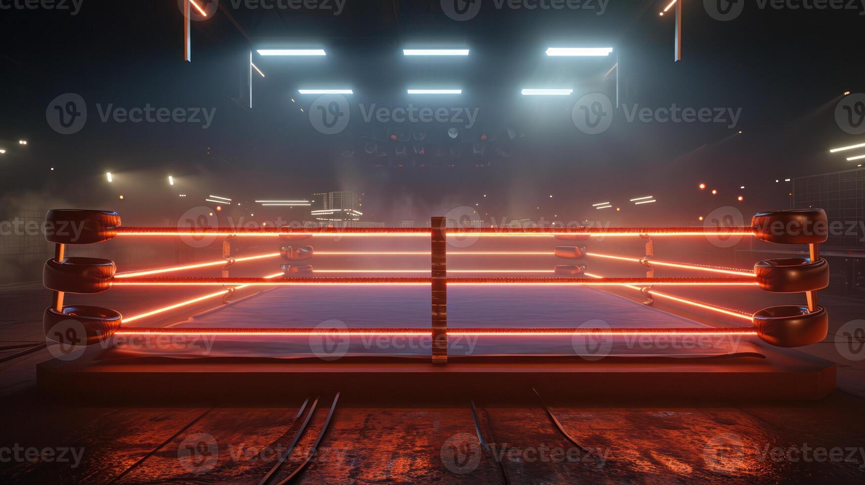 ai généré génératif ai, professionnel boxe bague avec projecteurs et enfumé arrière-plan, martial les arts sport photo