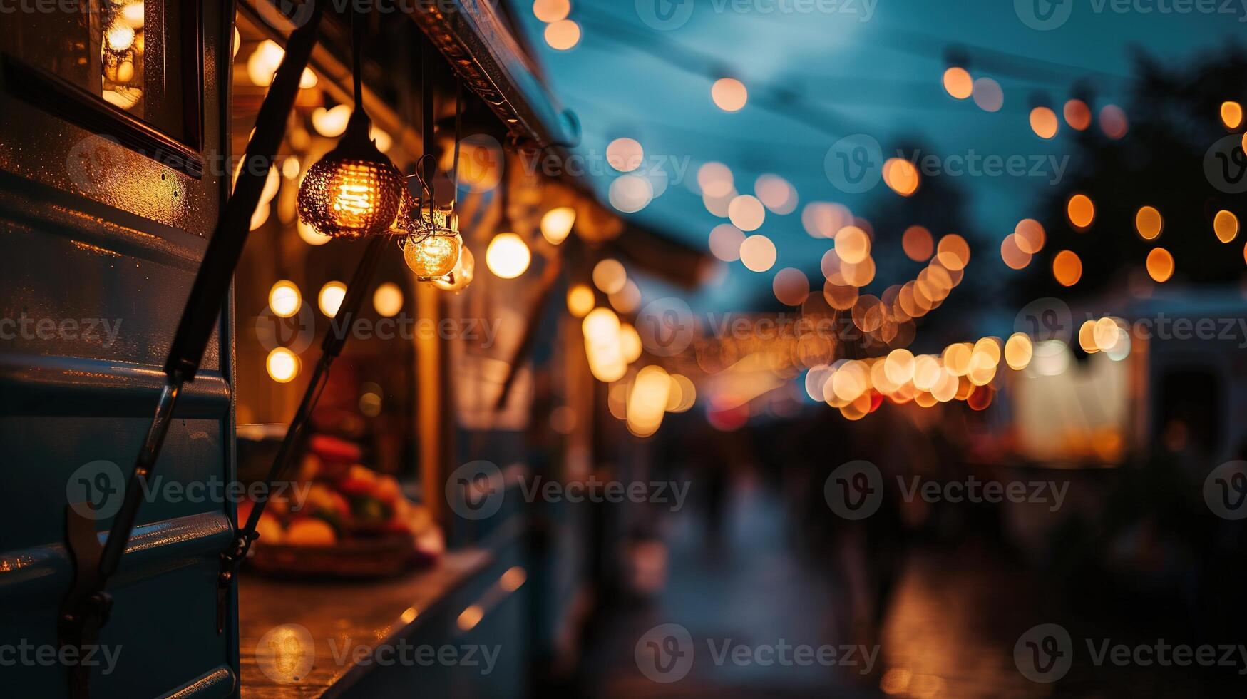 ai généré génératif ai, nourriture un camion rue festival, flou lumières arrière-plan, atmosphérique bokeh, en sourdine couleurs photo