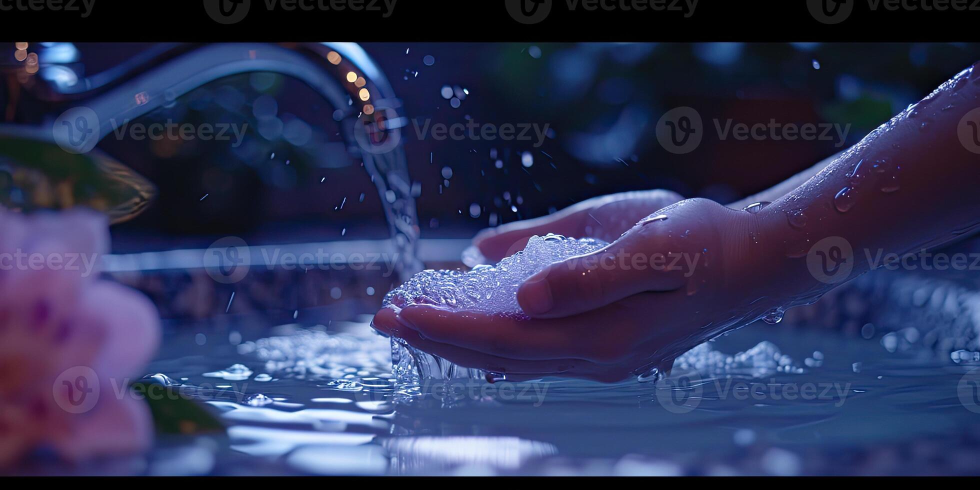 ai généré génératif ai, la personne la lessive mains avec savon et l'eau à couler, hygiène concept photo