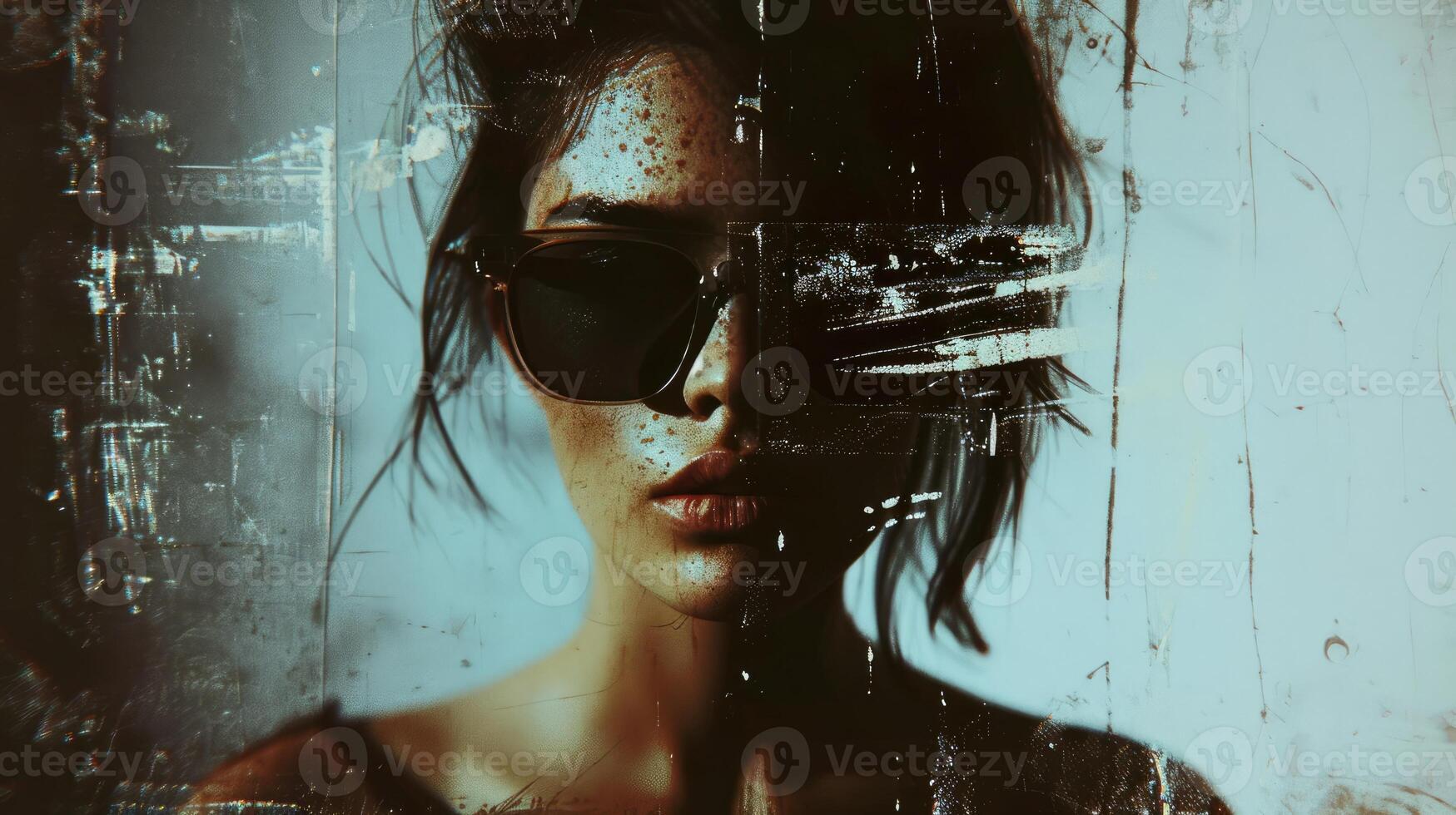 ai généré génératif ai, modèle femme portrait dans cyberpunk style, photo avec endommagé granuleux texture