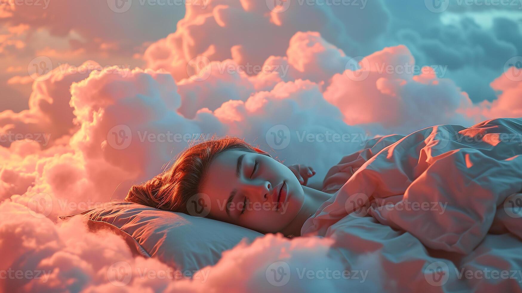 ai généré génératif ai, Jeune femme sont en train de dormir entouré par duveteux cotonneux rose des nuages dans le ciel photo