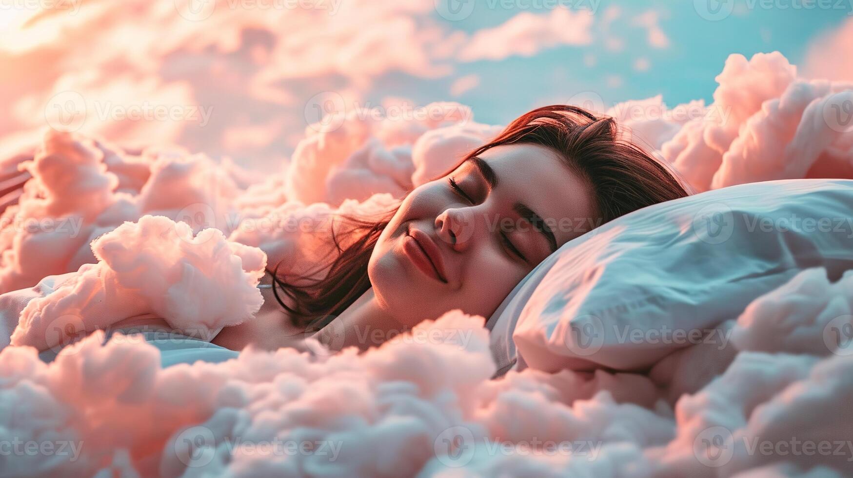 ai généré génératif ai, Jeune femme sont en train de dormir entouré par duveteux cotonneux rose des nuages dans le ciel photo