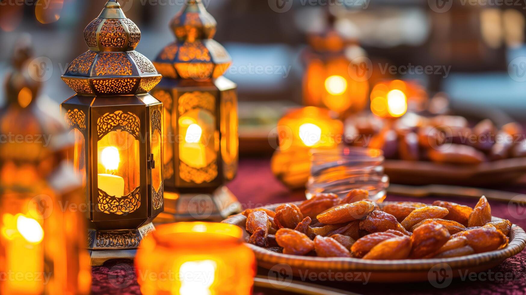 ai généré traditionnel arabe lanternes avec assiette de Rendez-vous, Ramadan Contexte photo