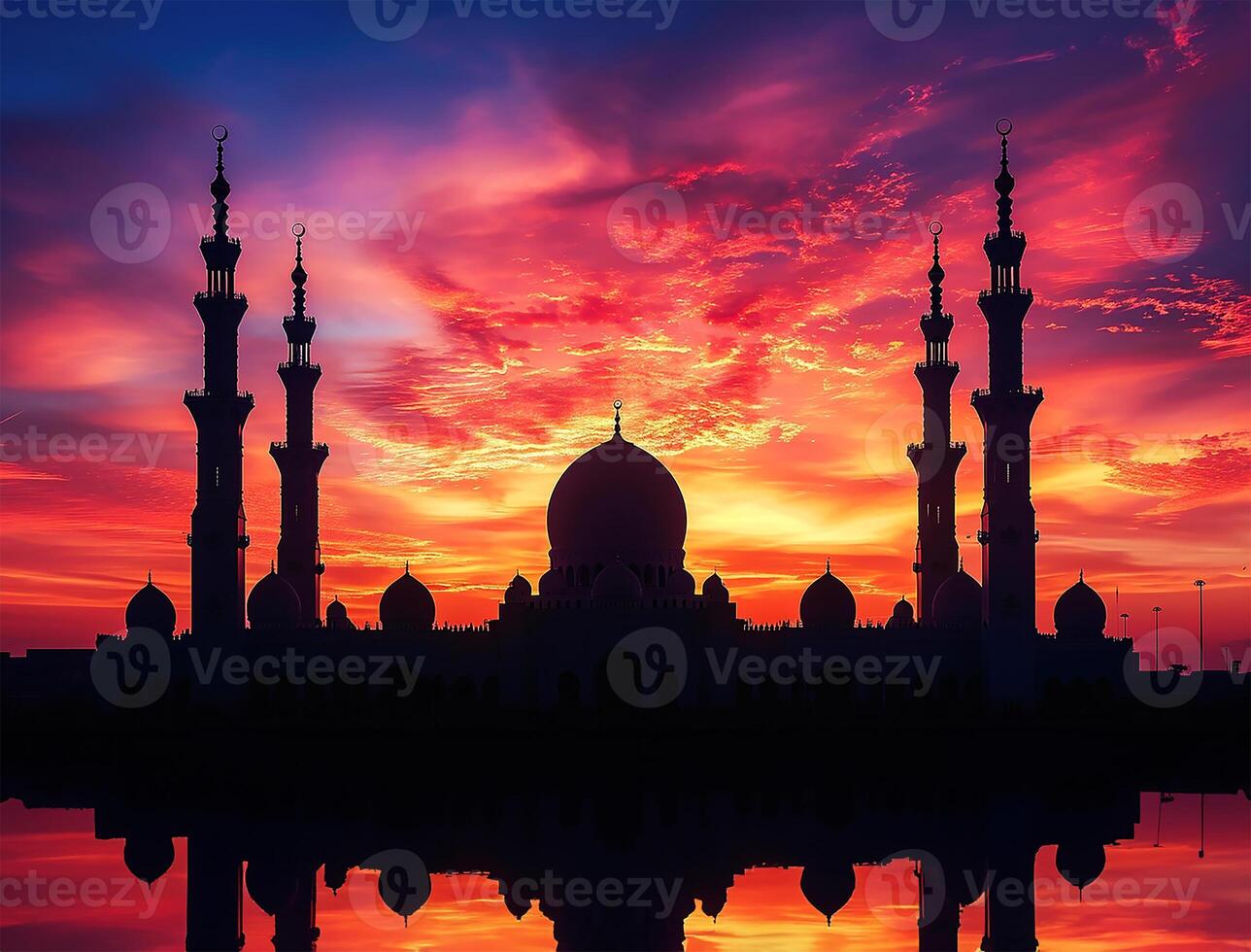 ai généré mosquée dômes et tours contre le coucher du soleil ciel photo