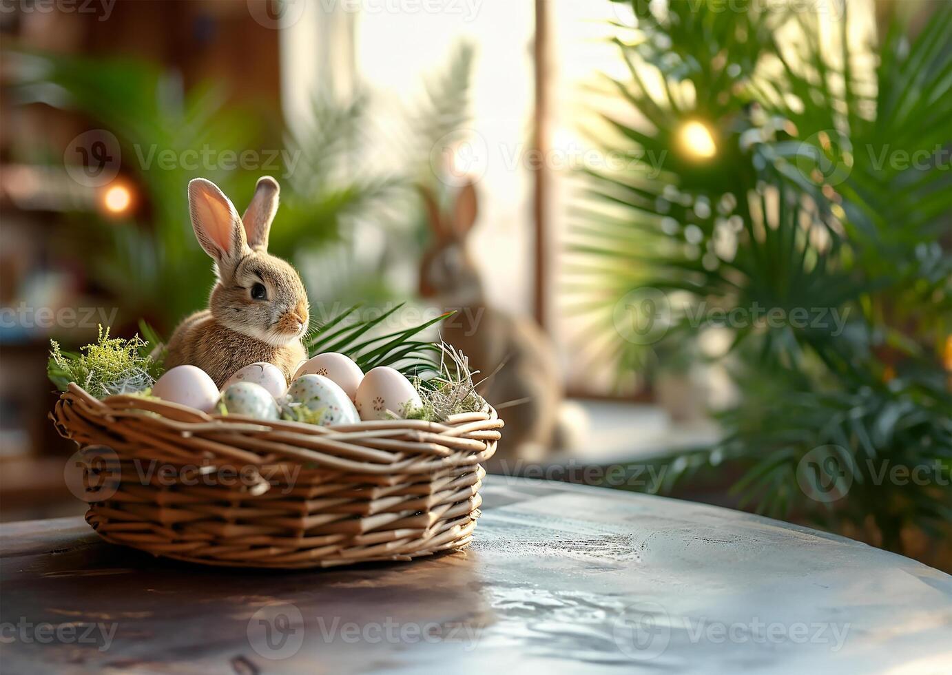 ai généré Pâques des œufs dans panier avec lapin toile de fond photo