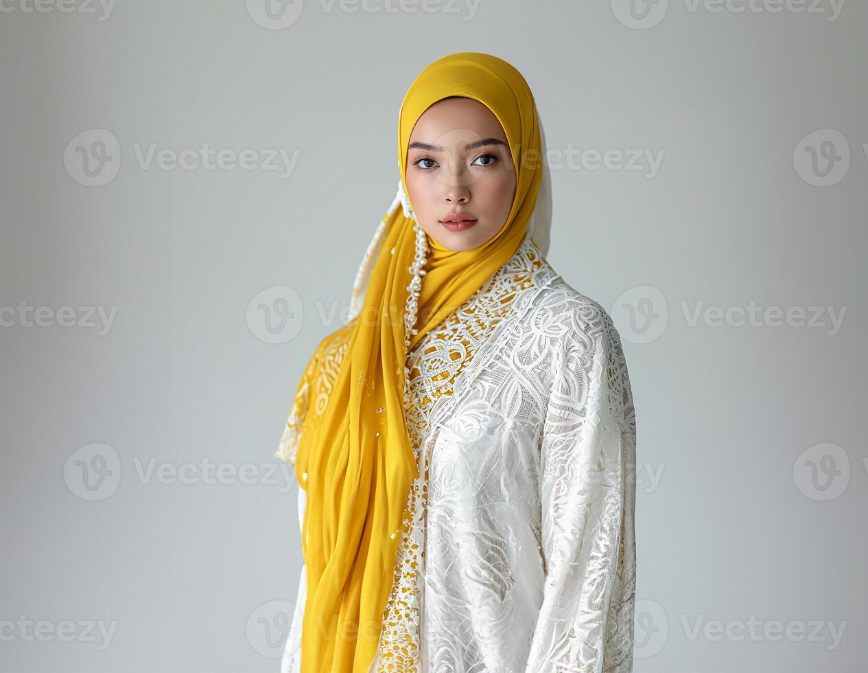 ai généré asiatique modèle dans blanc kebaya et Jaune hijab photo