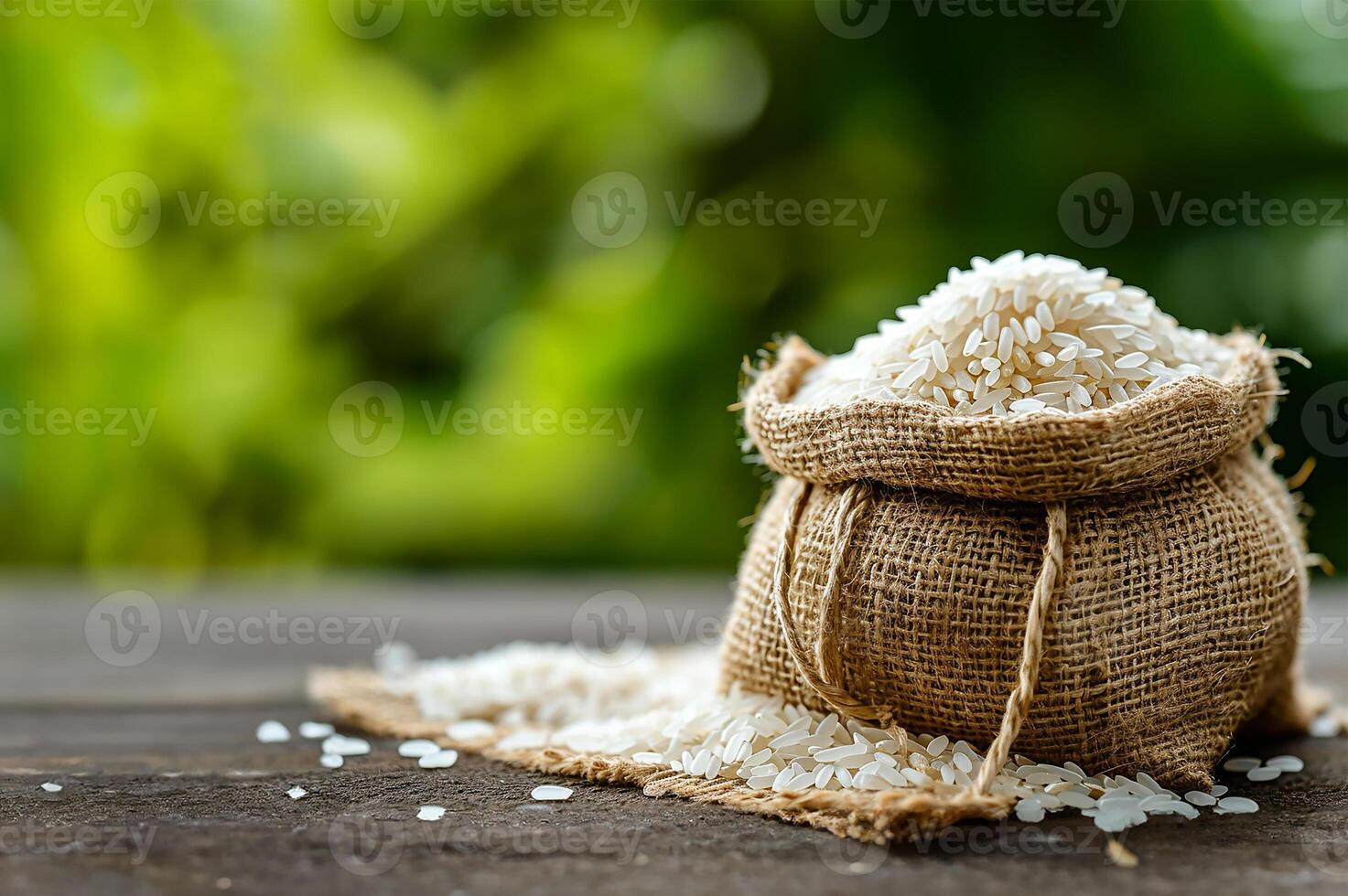 ai généré sac de non cuit riz sur une rustique table photo