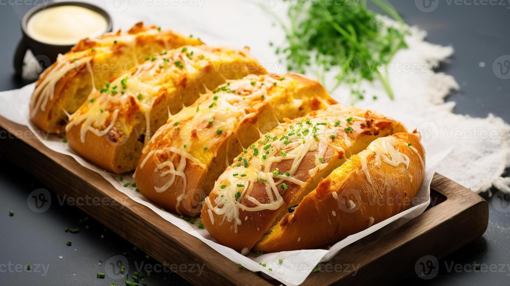 ai généré cuit pain avec fromage et Mayonnaise sur une noir Contexte photo