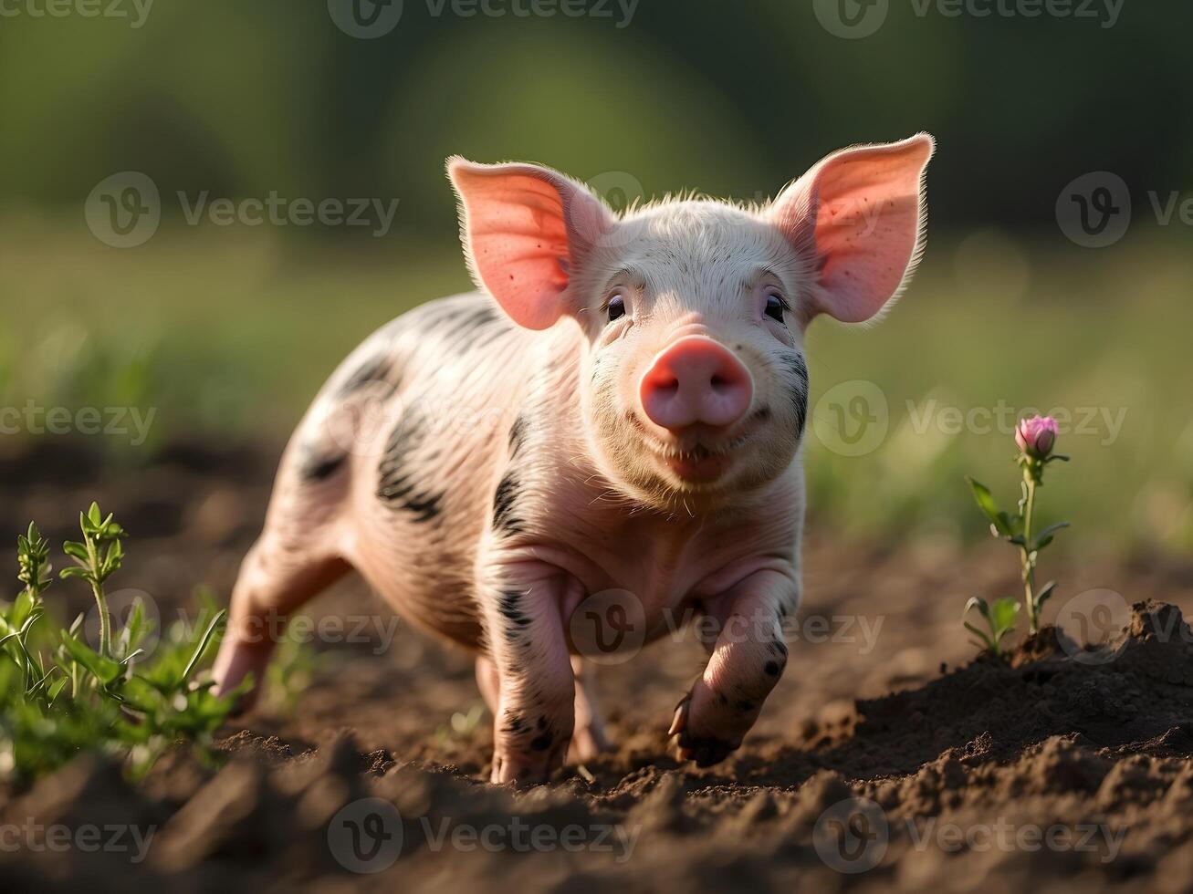 ai généré mignonne peu bébé porcelet en jouant dans vert champ, animal Contexte photo