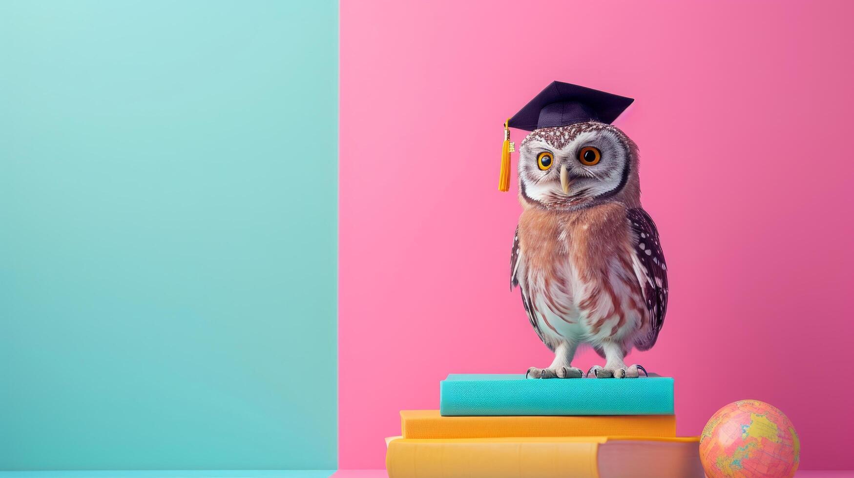 ai généré globe, livres et mignonne hibou dans l'obtention du diplôme casquette sur minimaliste vif Contexte avec copie espace photo