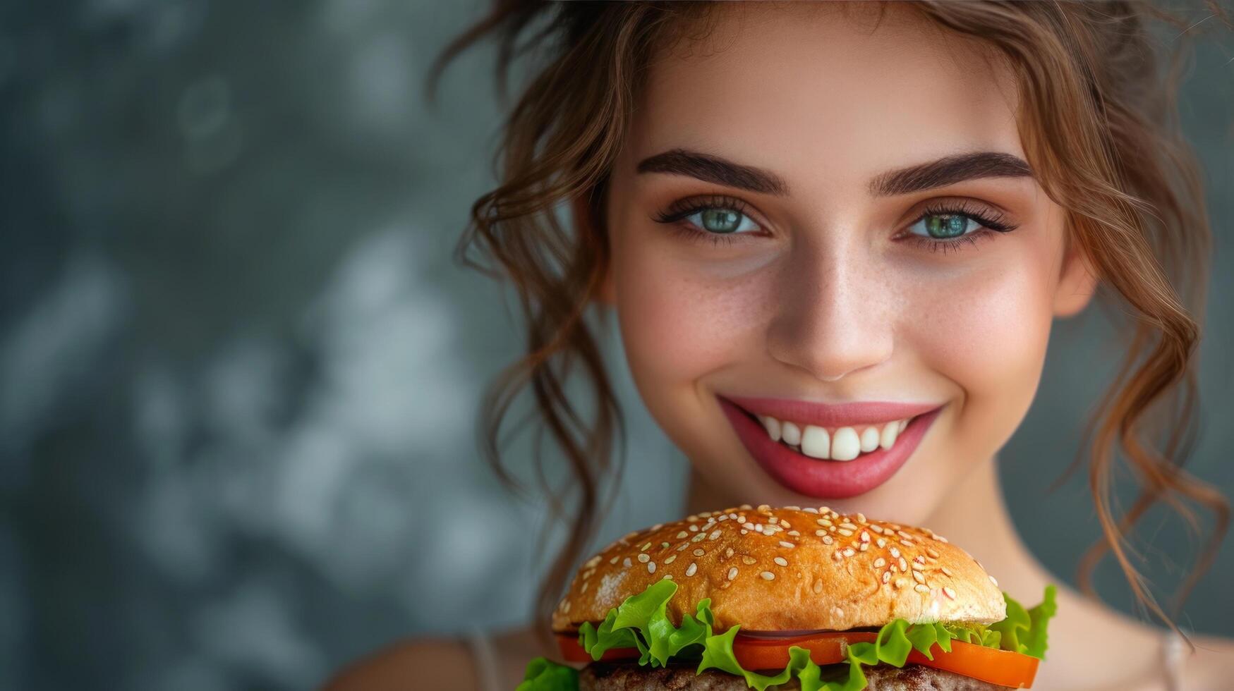 ai généré fermer portrait de magnifique Jeune brunette femme avec grand Burger photo