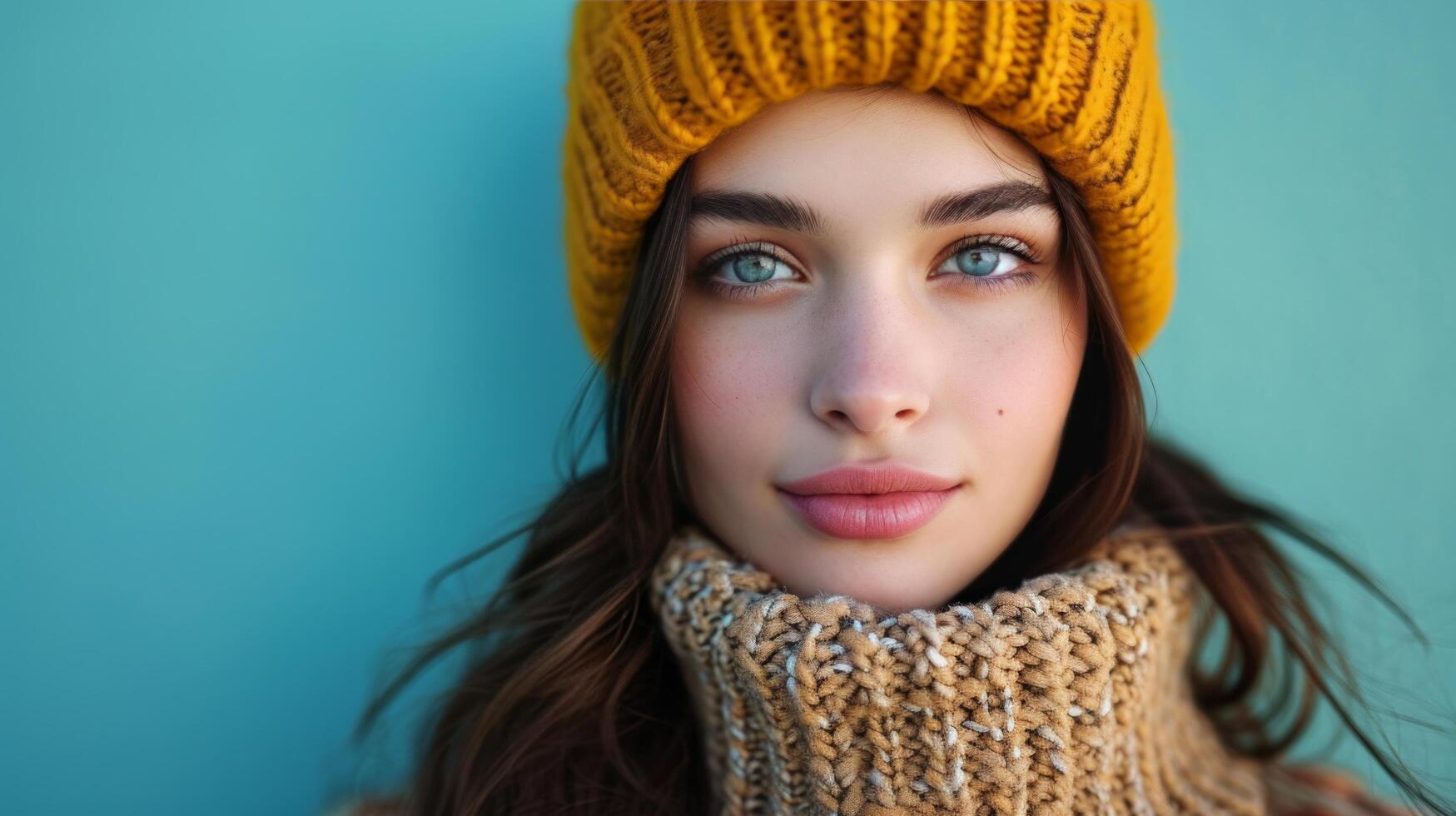 ai généré fermer portrait de magnifique Jeune brunette femme dans tricoté chapeau sur minimaliste vif Contexte photo