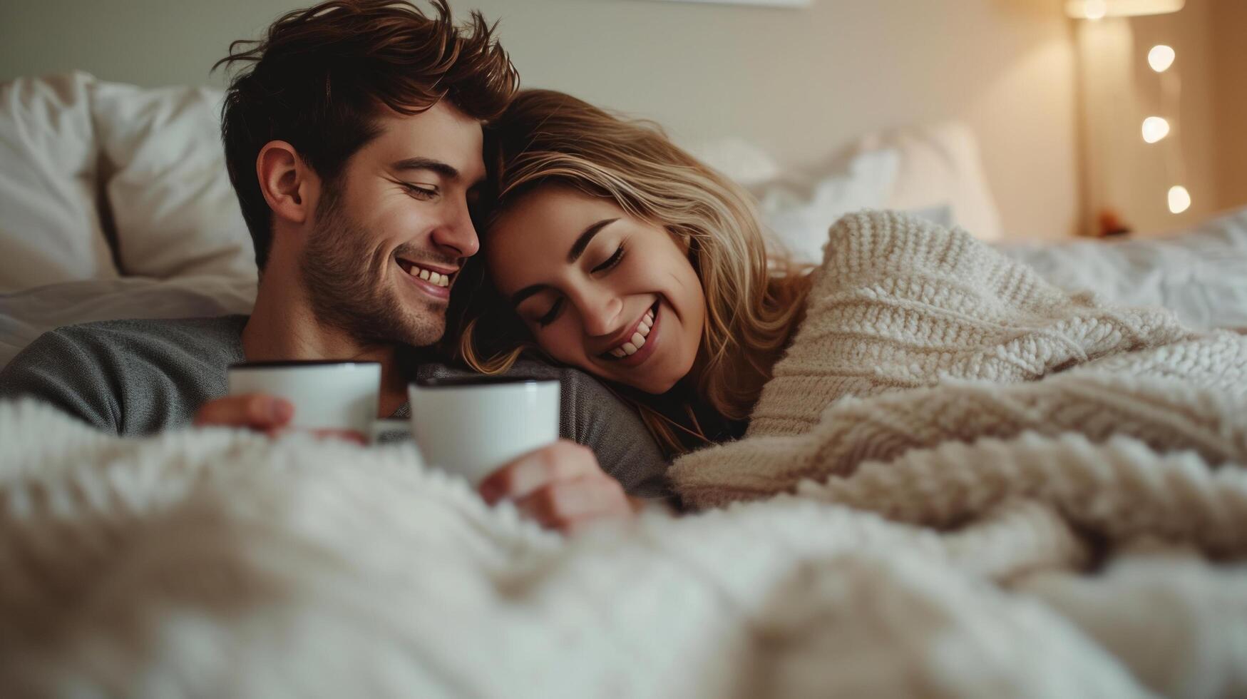 ai généré Jeune aimant couple dans le lit avec flics de café. doux et lumière couleurs. copie espace photo