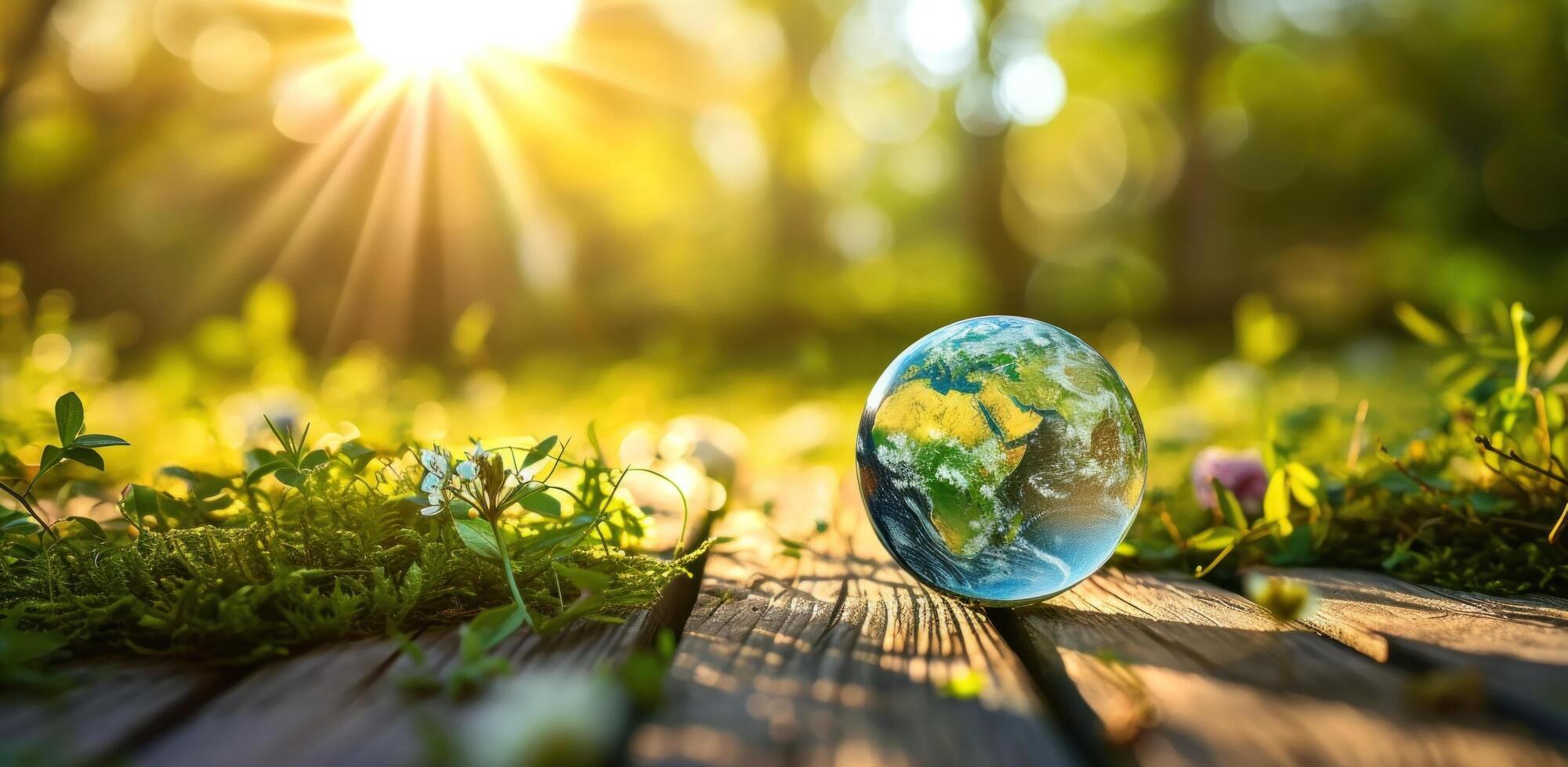 ai généré Terre journée sur une en bois table avec vert herbe photo