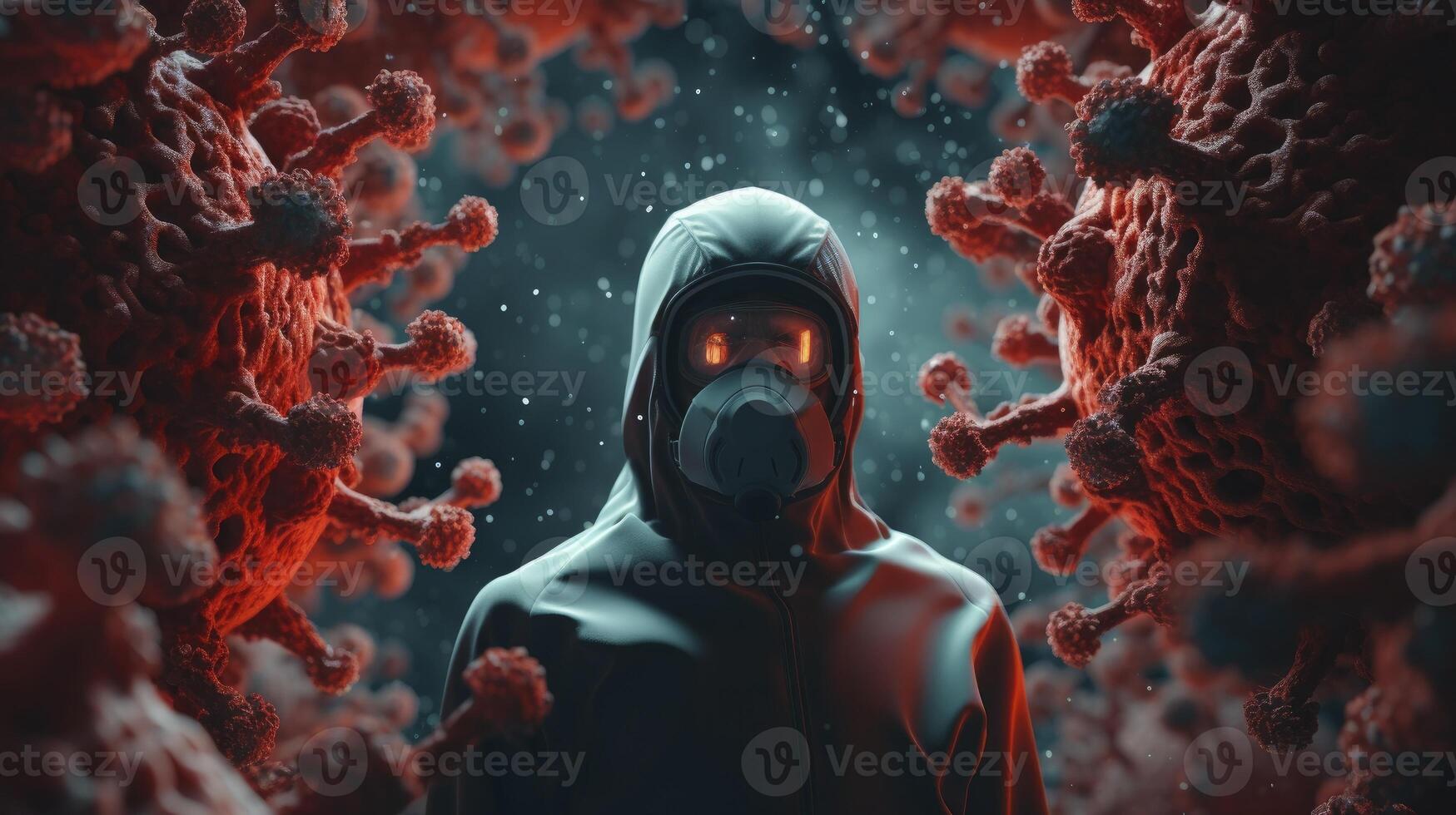 ai généré virus dans espace autour une homme. une Humain entouré par infection et bactéries. couronne ou convoitise menace illustration. pandémie risque. photo