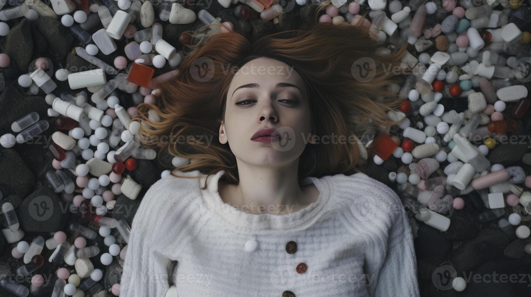 ai généré Jeune fille intoxiqué à opiacés mensonge sur le rue - moderne fentanyl épidémie concept photo