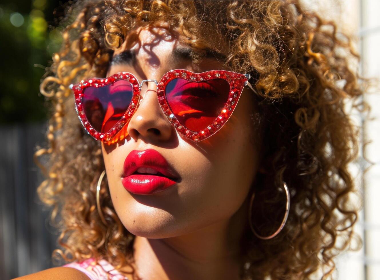 ai généré femme avec une aux cheveux bouclés visage portant rouge cœur en forme de des lunettes de soleil photo