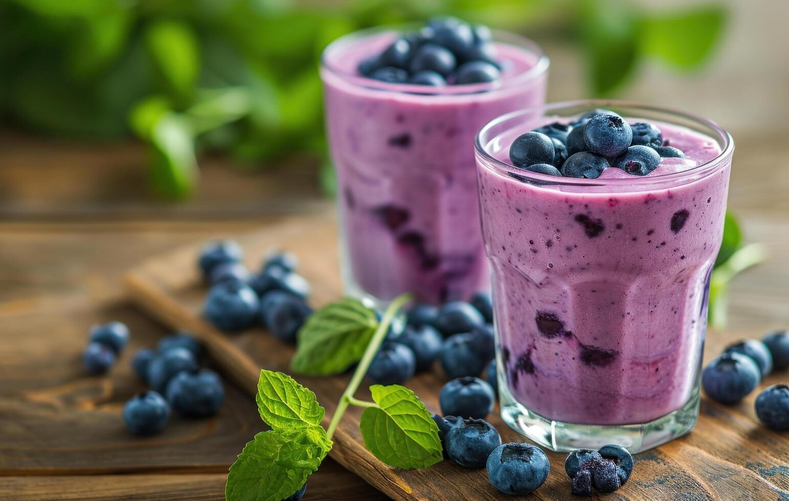 ai généré deux des lunettes de myrtille smoothie sur une en bois table photo