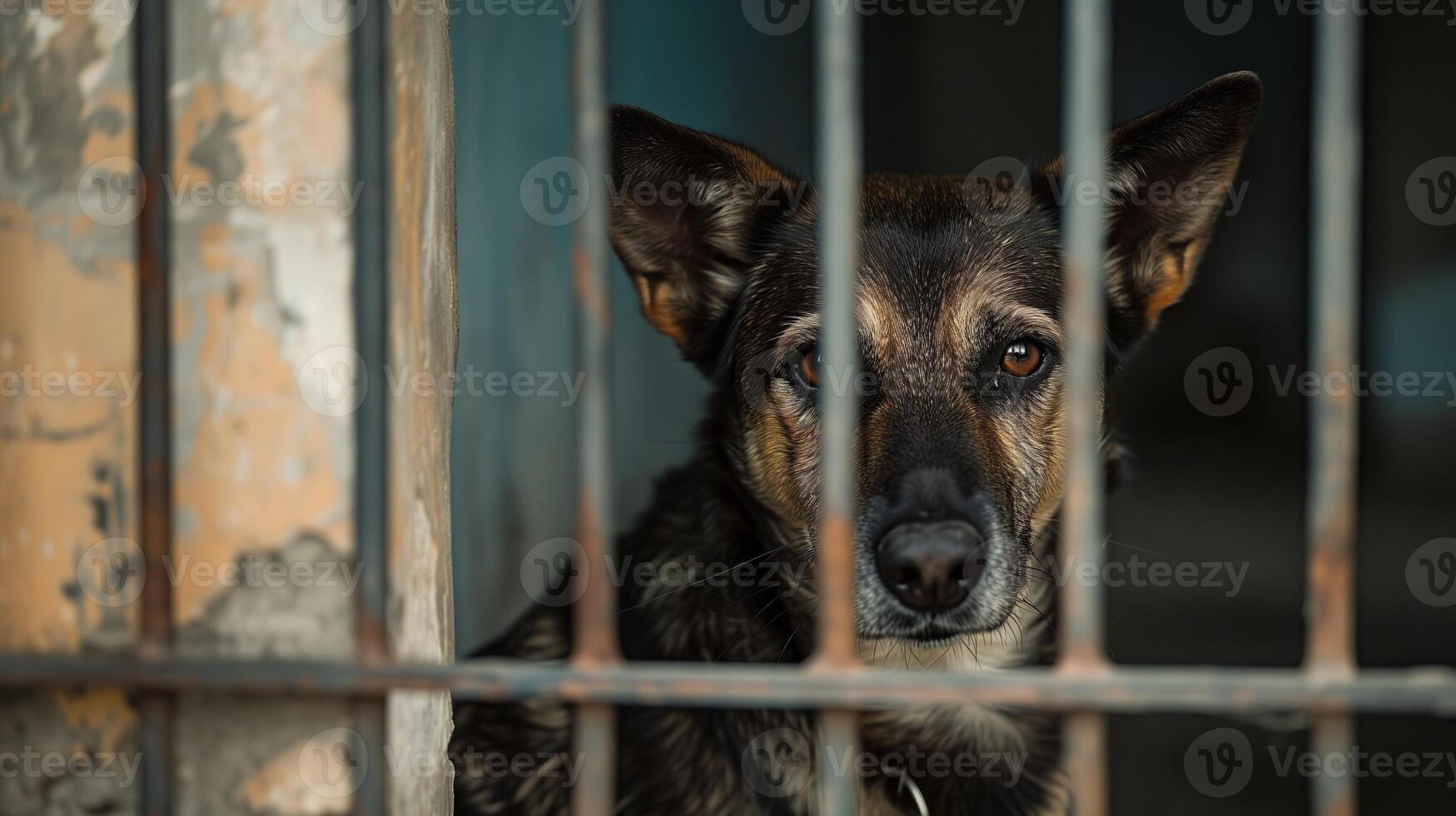 ai généré égarer triste chien est assis derrière bars dans chien abri et attendre photo