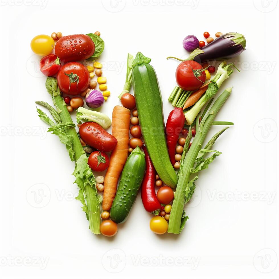 ai généré w lettre en dehors de des légumes et des fruits isolé sur blanc Contexte. photo