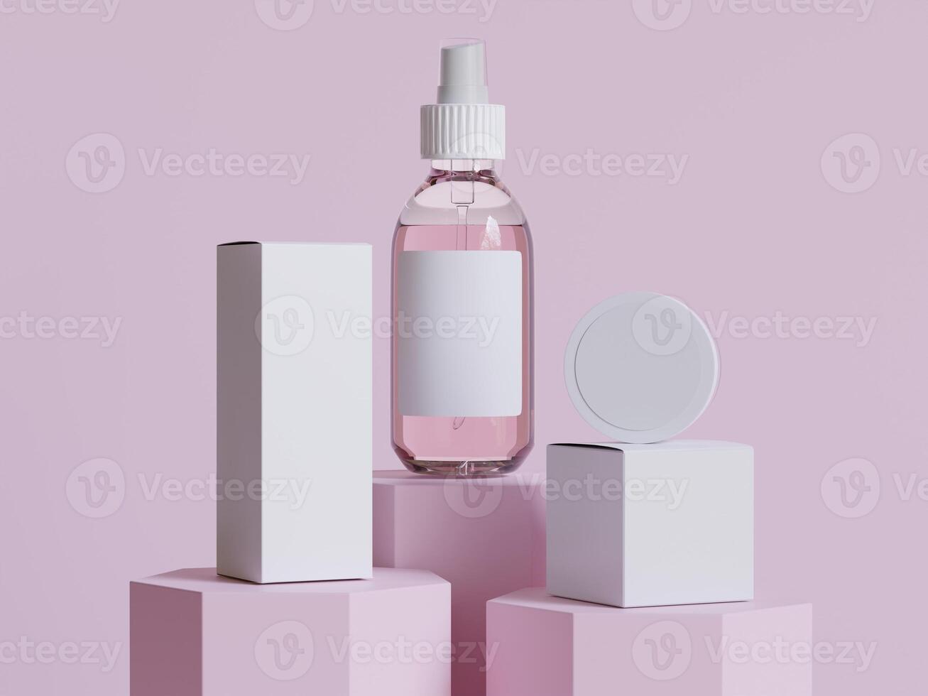 réaliste cosmétique bouteille. beauté produit récipient ensemble, Plastique bouteille illustration blanc. vaporisateur bouteille, crème tube et pot maquette collection sur le podium 3d. clair spa hygiène objet photo