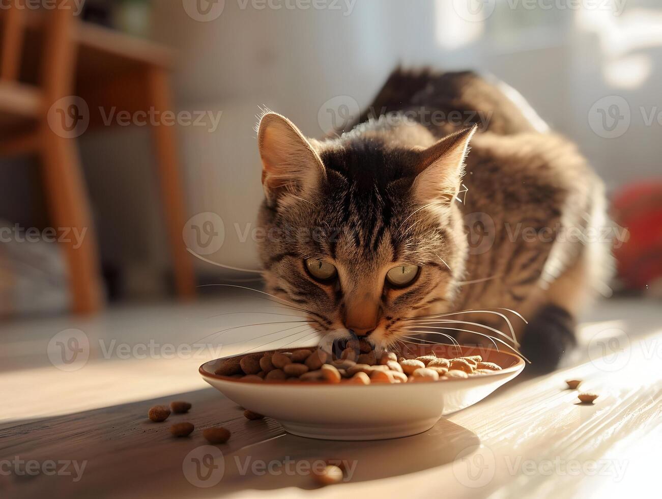 ai généré une marron chat mange chat nourriture dans une lumière brillant chambre. Jaune lumière du soleil. haute qualité. ai génératif photo