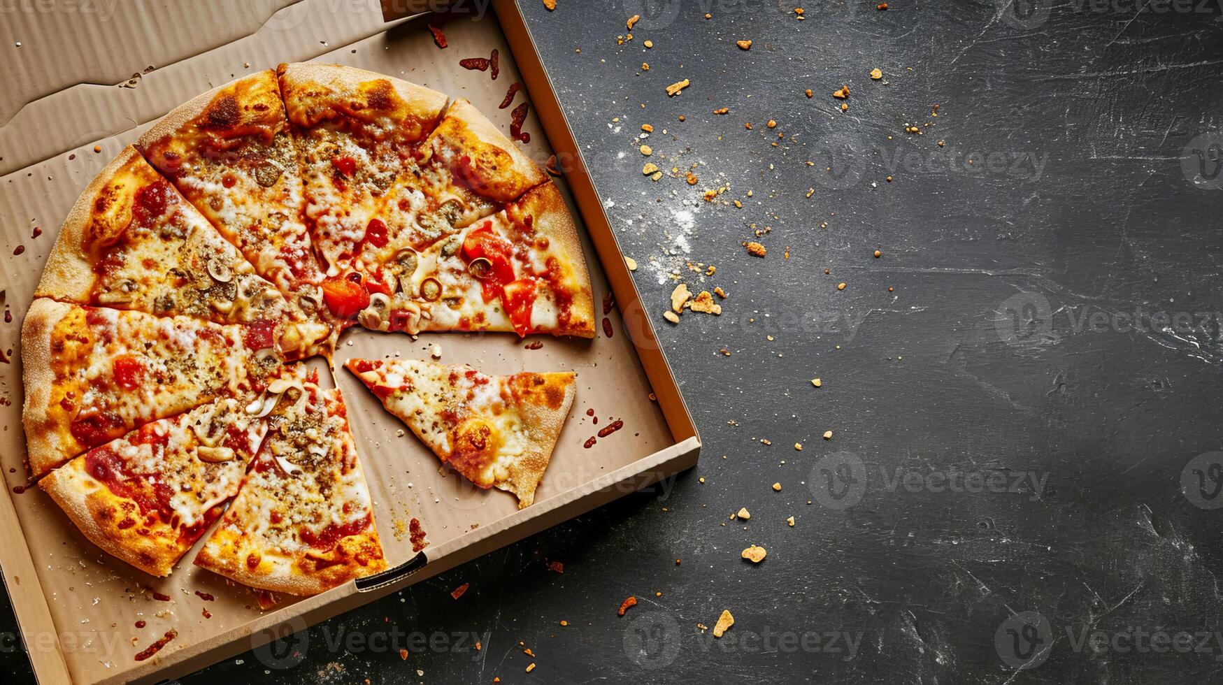 ai généré une papier carton Pizza boîte avec les miettes et laissé pour compte Pizza est assis sur le tableau. ai généré. photo