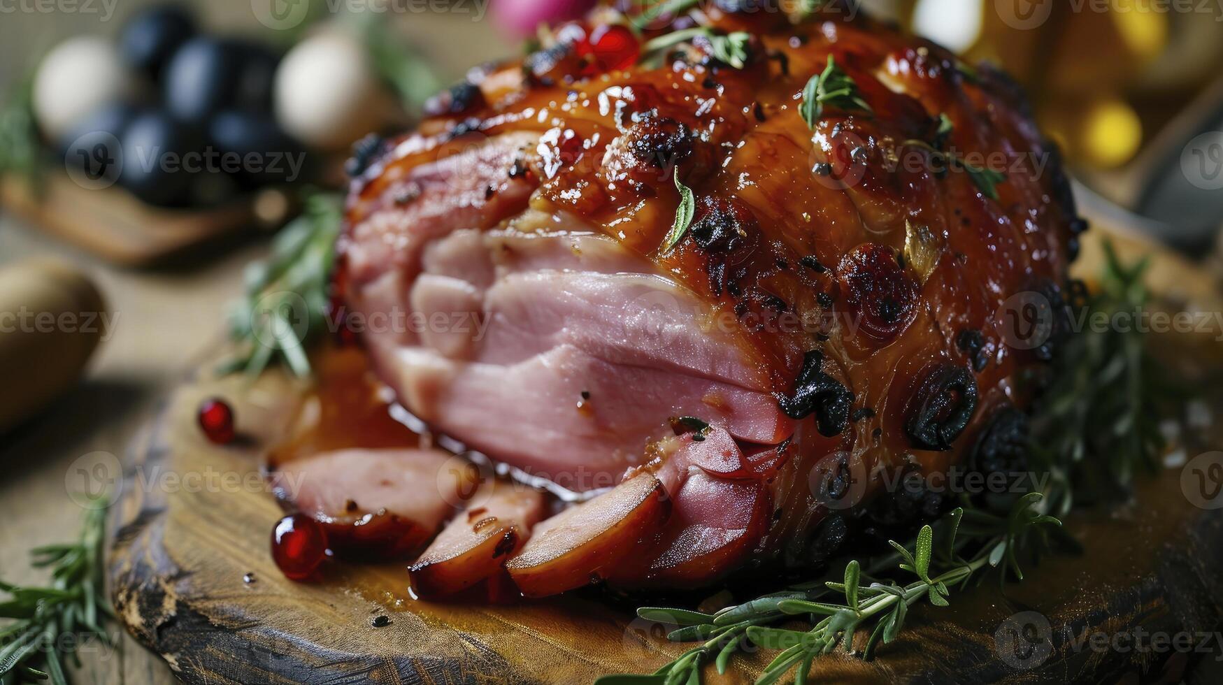 ai généré fait maison, chaud, fumant vitré Pâques spirale Couper jambon photo