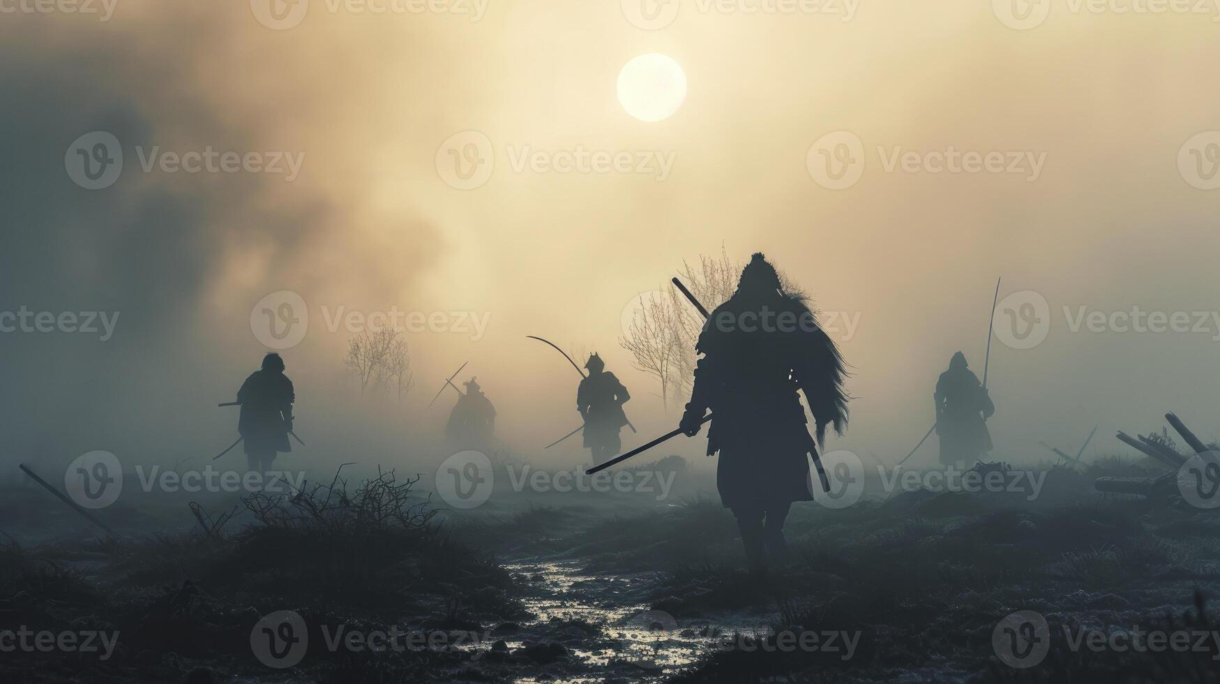 ai généré étourdissant Aube scène dans brouillard avec silhouette samouraïs sur le historique sekigahara champ de bataille, livré dans moderne encre laver style et en sourdine tons. photo