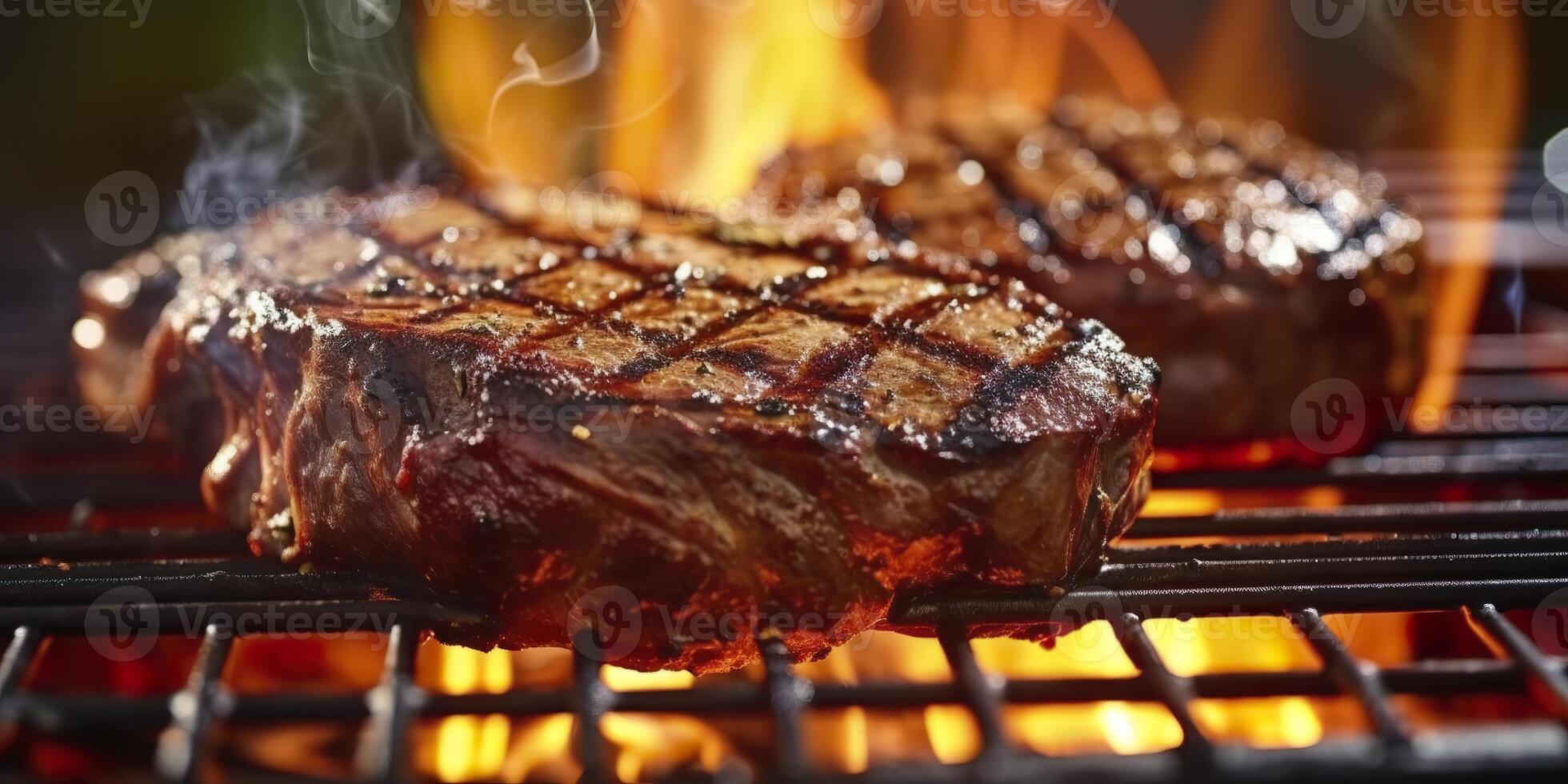 ai généré du boeuf ribeye steak grillage sur une flamboyant gril. génératif ai photo