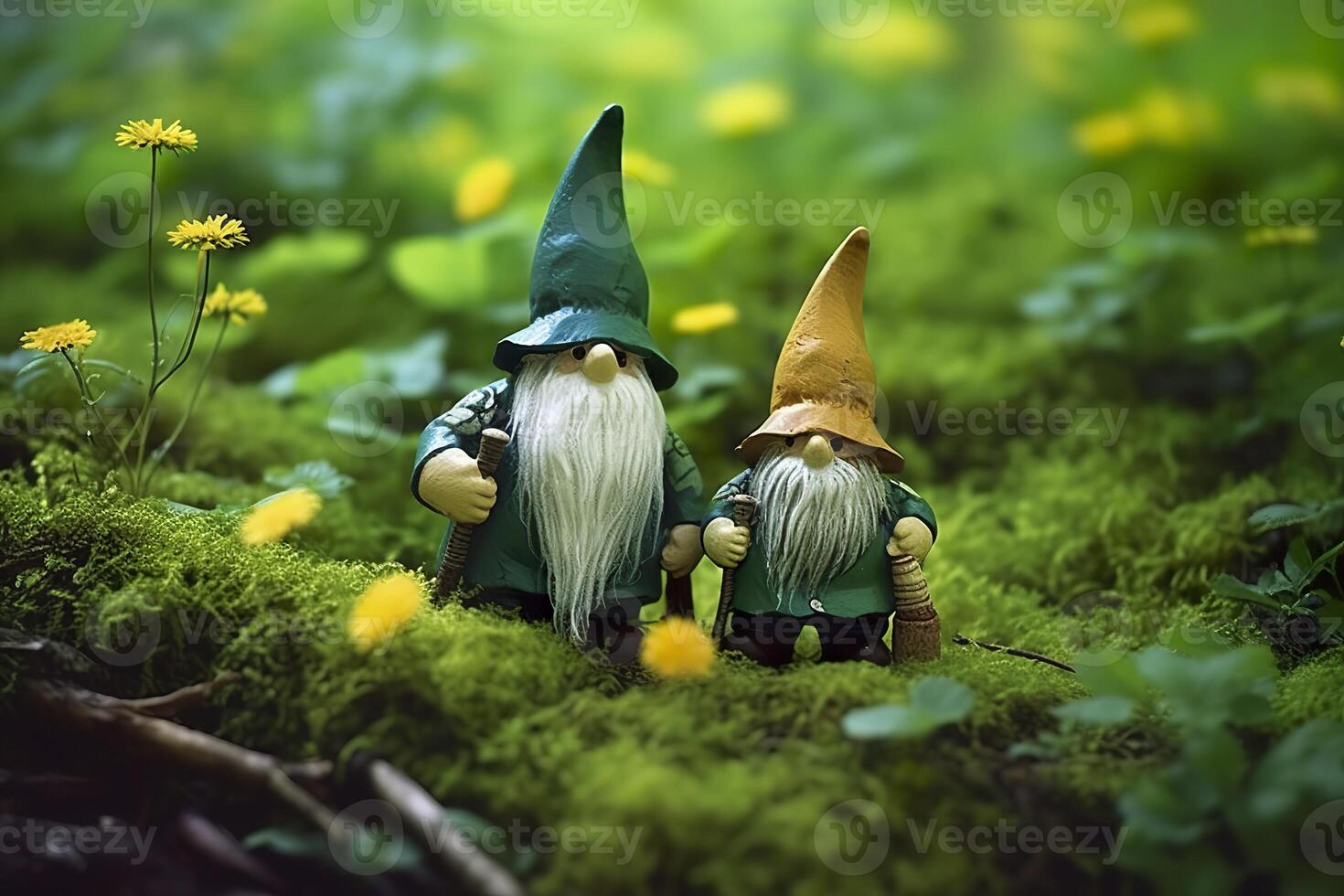 ai généré jouet irlandais gnomes dans une mystère forêt, abstrait vert Naturel Contexte. génératif ai photo