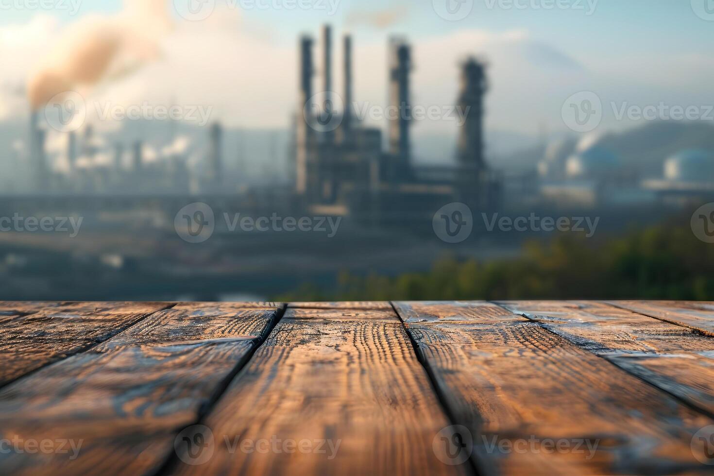 ai généré vide en bois dessus de la table avec floue Puissance plante arrière-plan, industriel contraste photo