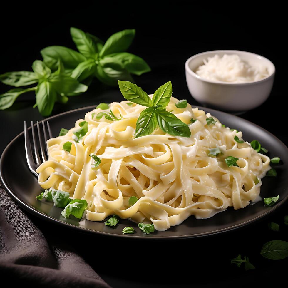 ai généré Haut vue fettucine avec Alfredo sauce sur blanc Contexte photo