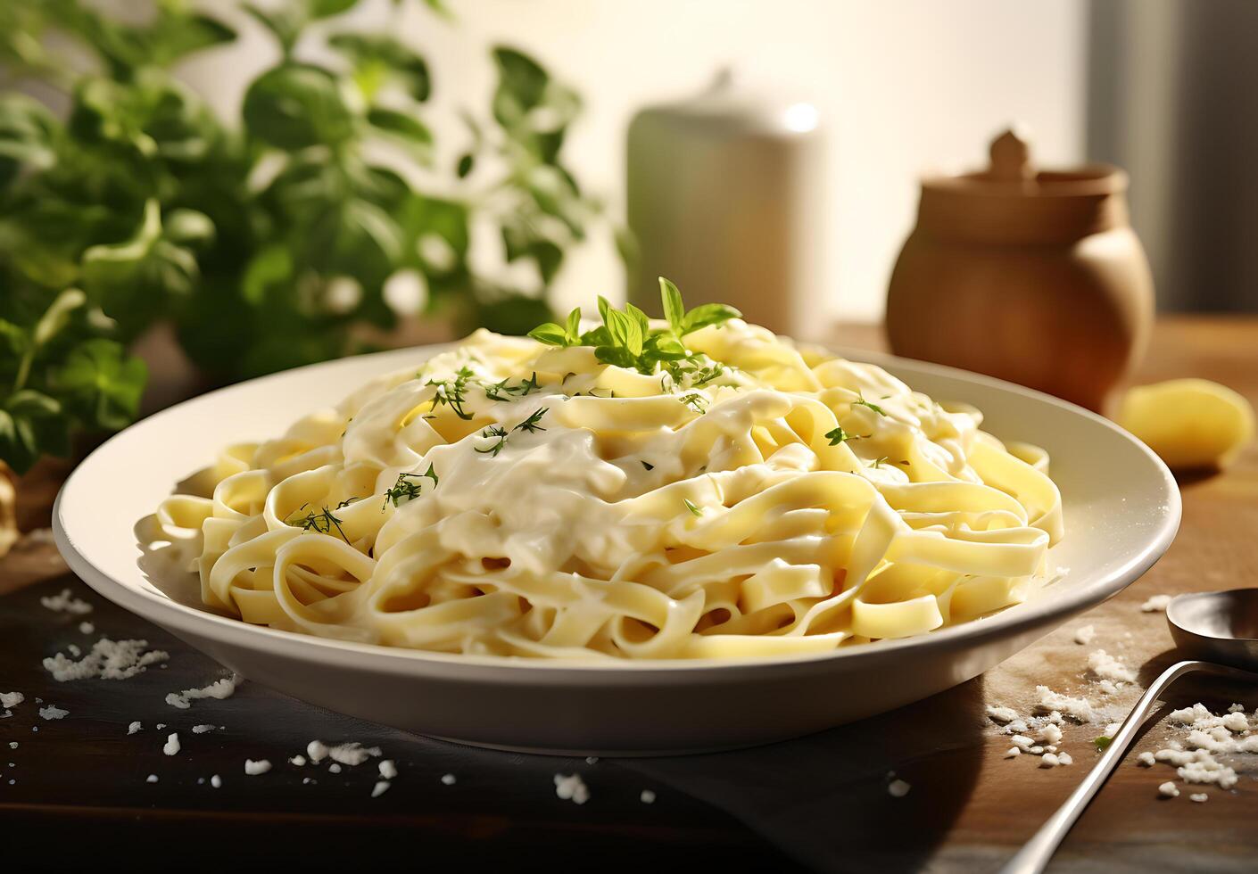 ai généré Haut vue fettucine avec Alfredo sauce sur blanc Contexte photo